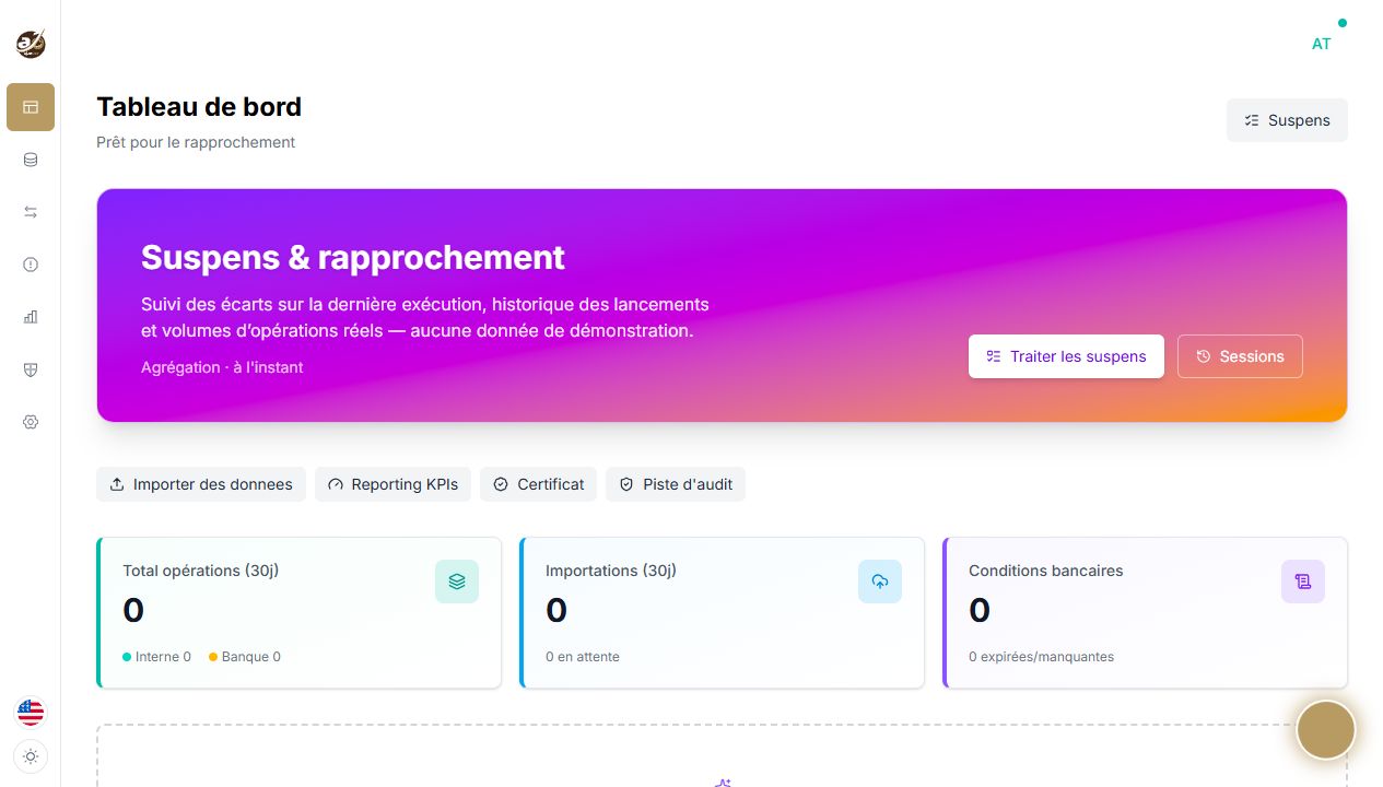 Tableau de bord AjustOne présentant le rapprochement et les suspens